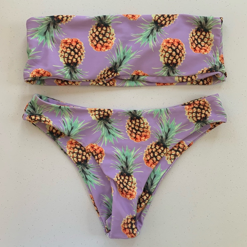 Purple Pineapple Patterned Strapless Bikini with Removable Pads